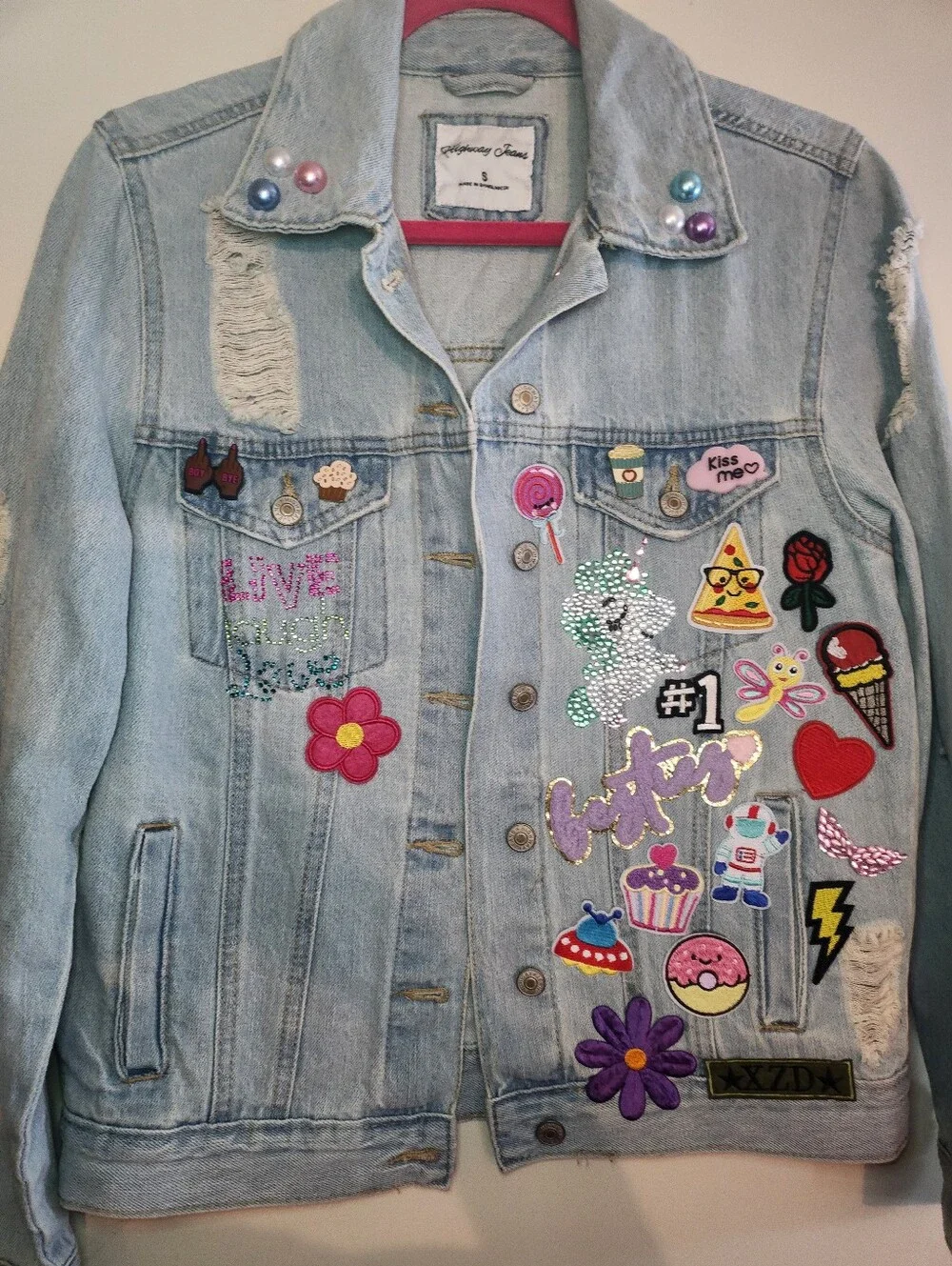 Custom Made 1 Of 1 Light Wash Embellished Denim Jacket with Colorful Patches - Picture 2 of 7
